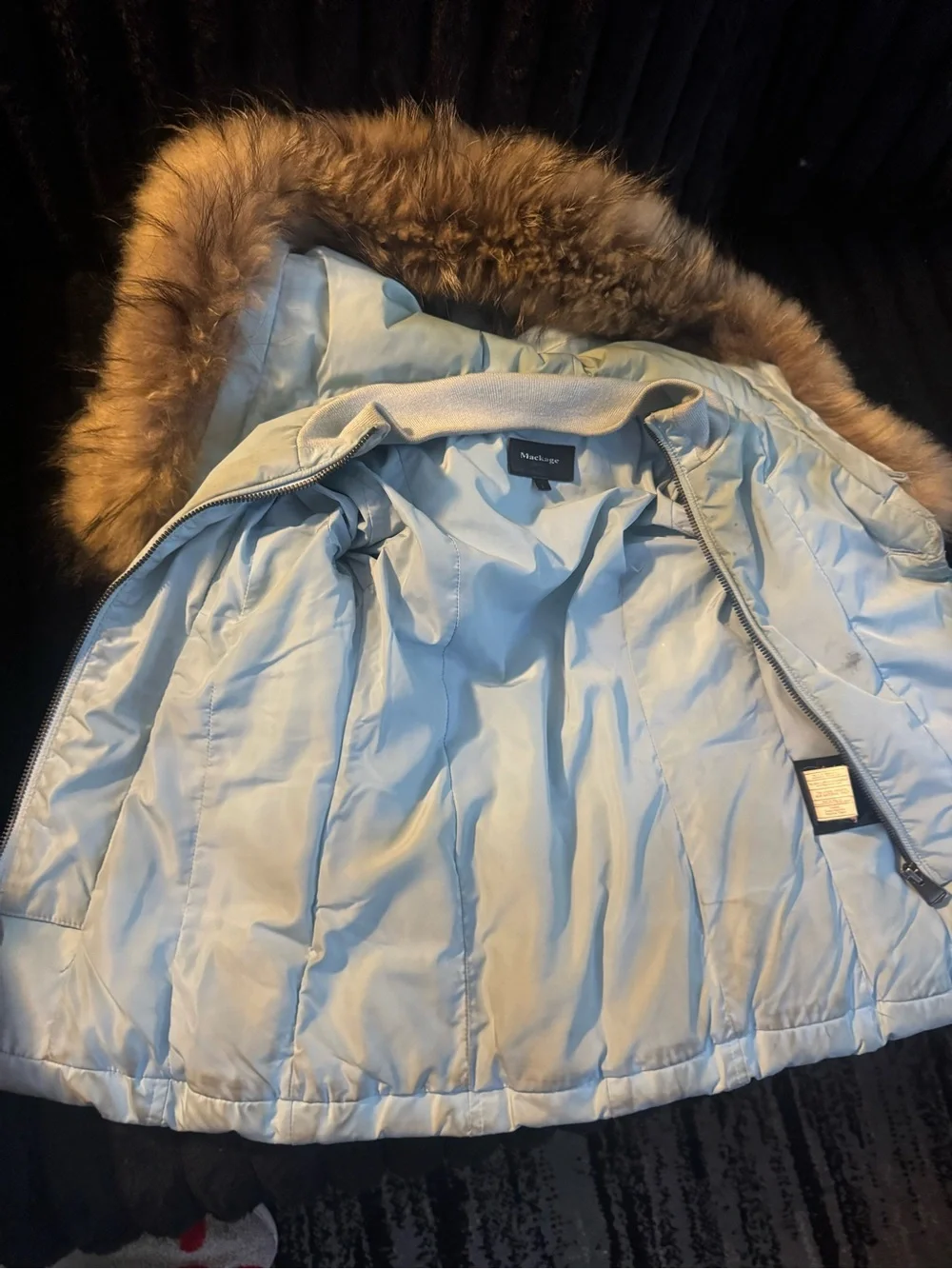 Girls' Light Blue Puffer Hood with Brown Faux Fur Trim
